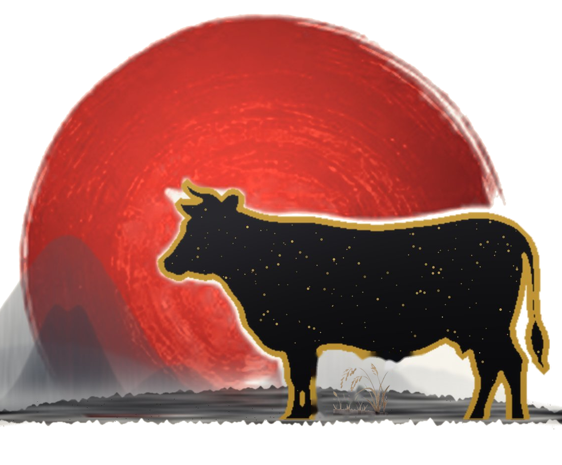 Kosher Japanese Wagyu brand mark — Wagyu silhouette before the rising sun